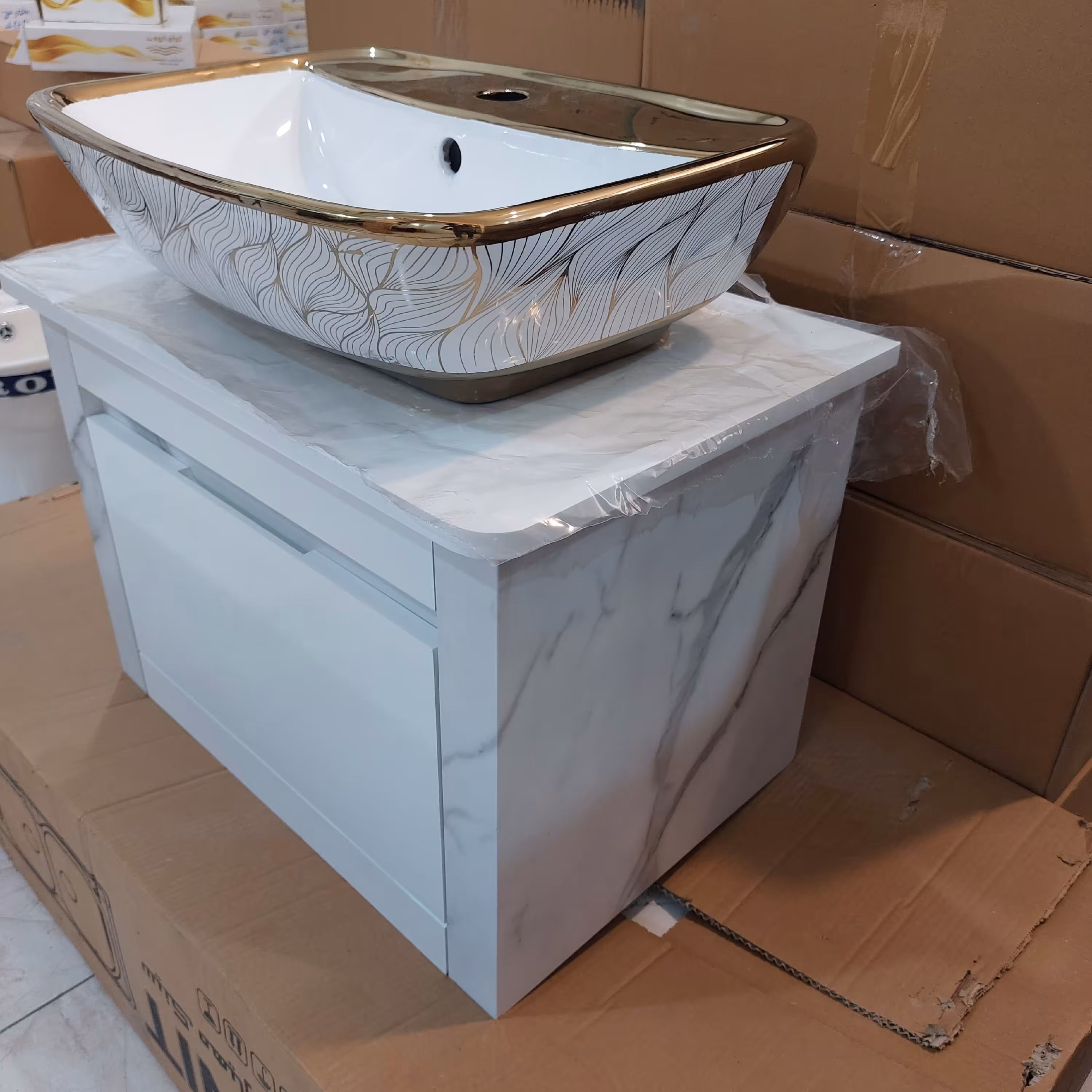 روشویی دیواری پی وی سی کابینتی کابین طرح سنگ کاسه طلایی (پس کرایه)