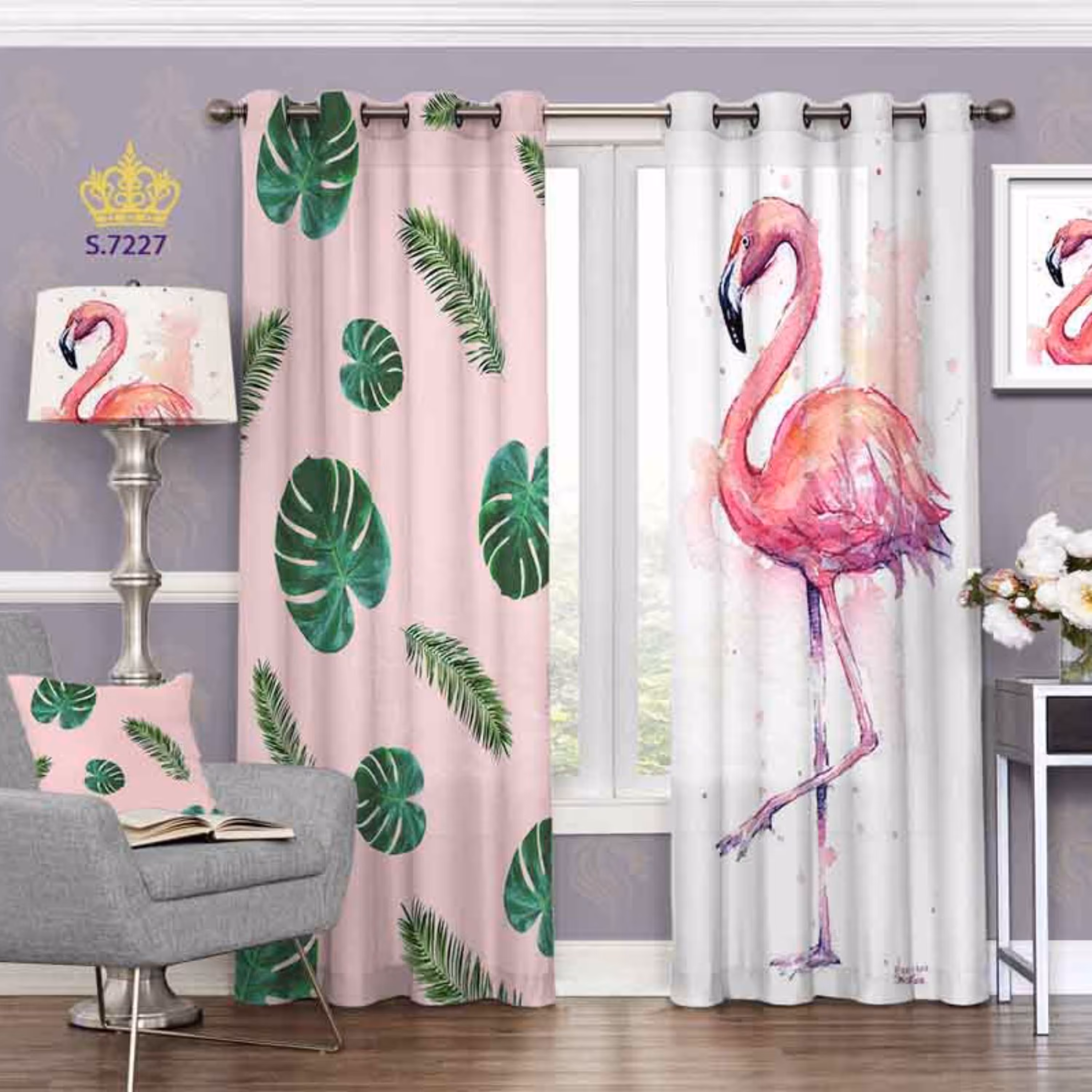 پرده طرح فلامینگو با پس زمینه بنفش کم رنگ  ( ارسال فوری )