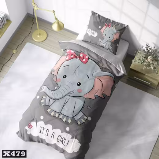 سرویس روتختی یک نفره میکروتترون سه بعدی،طرح فیل با پاپیون صورتی،با زمینه طوسی،مناسب کودک و نوجوان،برای تخت90