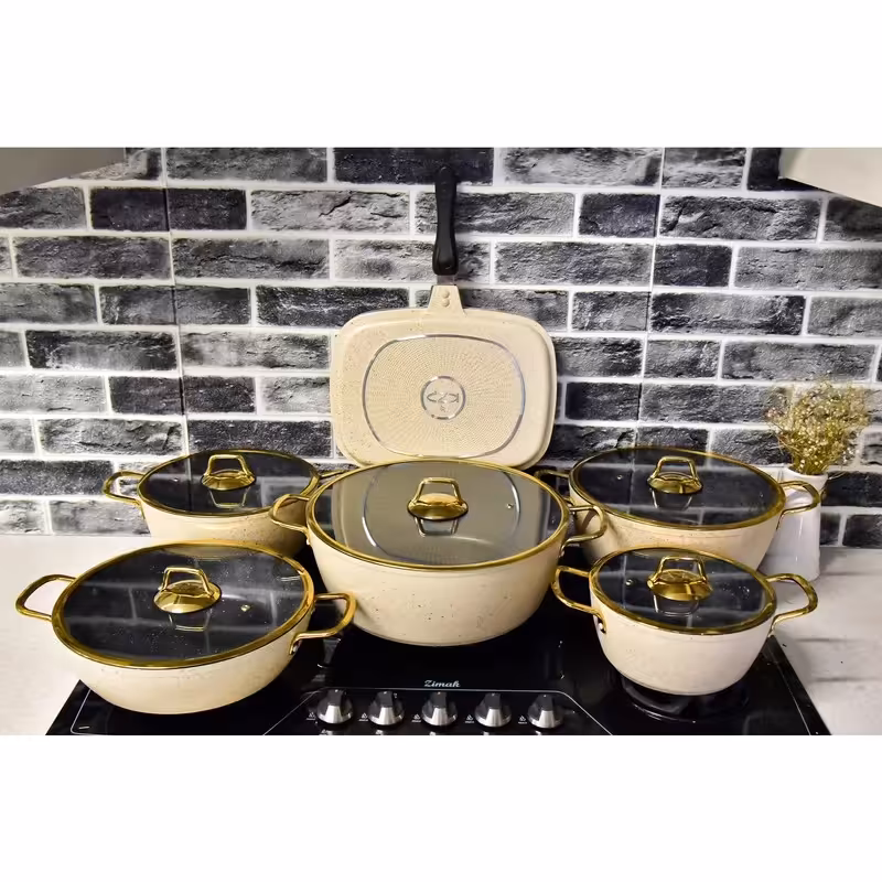 سرویس قابلمه چدن گرانیتی 15 پارچه رنگ کرم برند کی زد پی.KZP