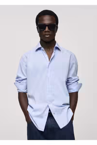 پیراهن / بلوز دکمه دار آبی مردانه پنبه ای برش منظم MANGO Man