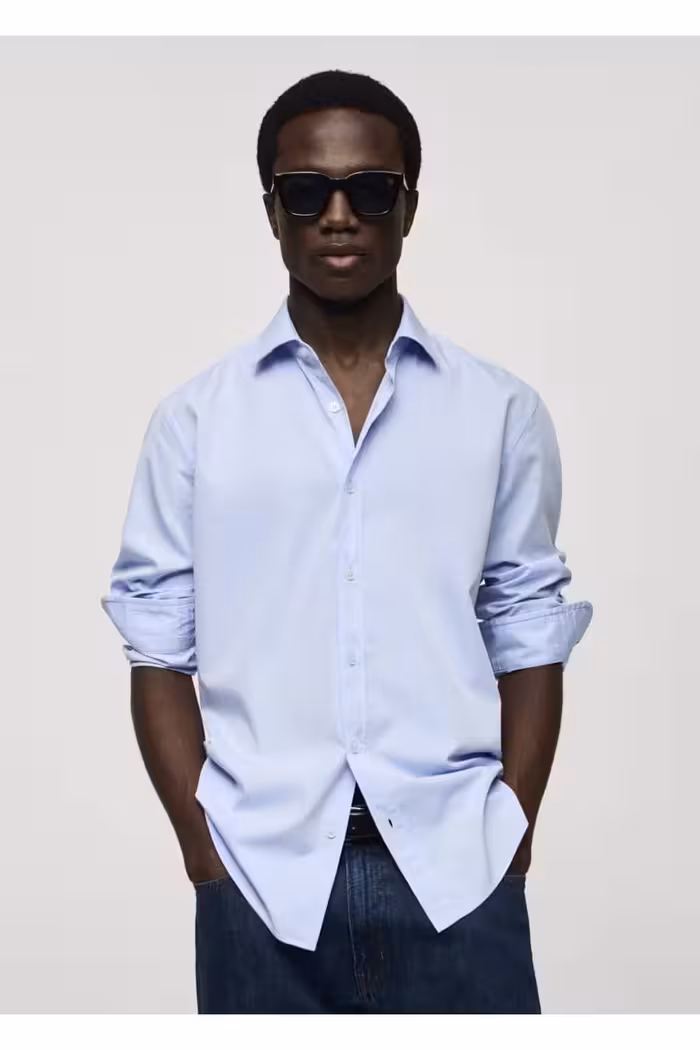 پیراهن / بلوز دکمه دار آبی مردانه پنبه ای برش منظم MANGO Man