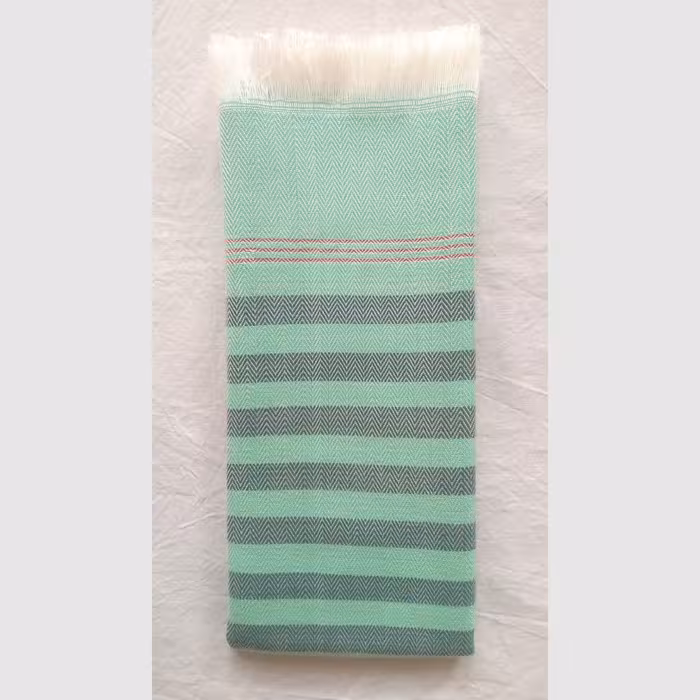 حوله دستباف آشپزخانه راه راه سبز پسته ای با خطوط سبز لجنی و حاشیه های قرمز