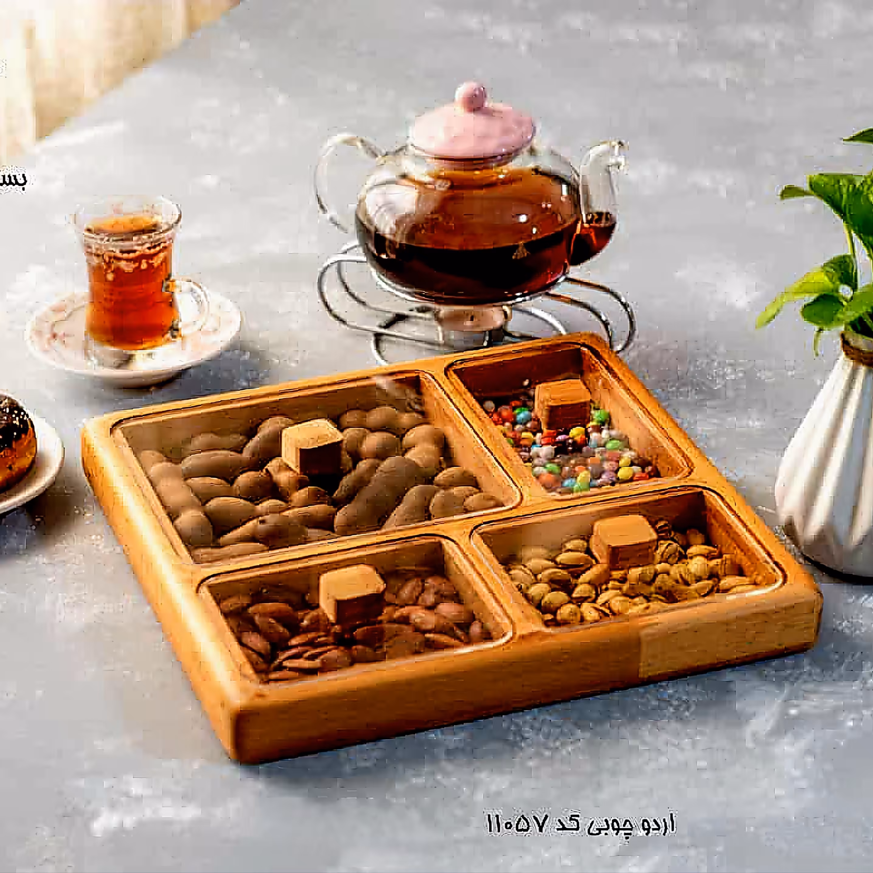 جعبه پذیرایی یا تی بگ چوبی 4 خانه مدل 11057