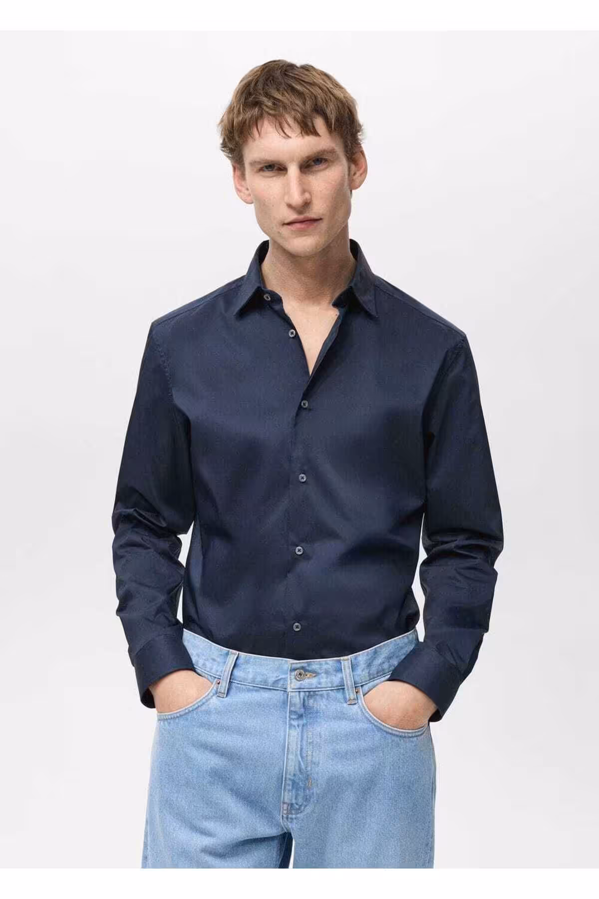 پیراهن / بلوز دکمه دار آبی مردانه نخی کشش معمولی اورجینال MANGO Man