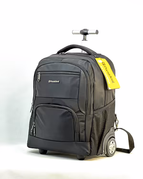 کوله پشتی چرخ دار جنس برزنتی برند president مدل 8261 رنگ مشکی سایز 22*45*32