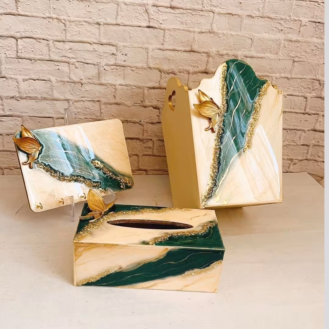  ست جا دستمال و سطل جاکلیدی رزین سطل اشغال رزین  جا دستمال رزین 