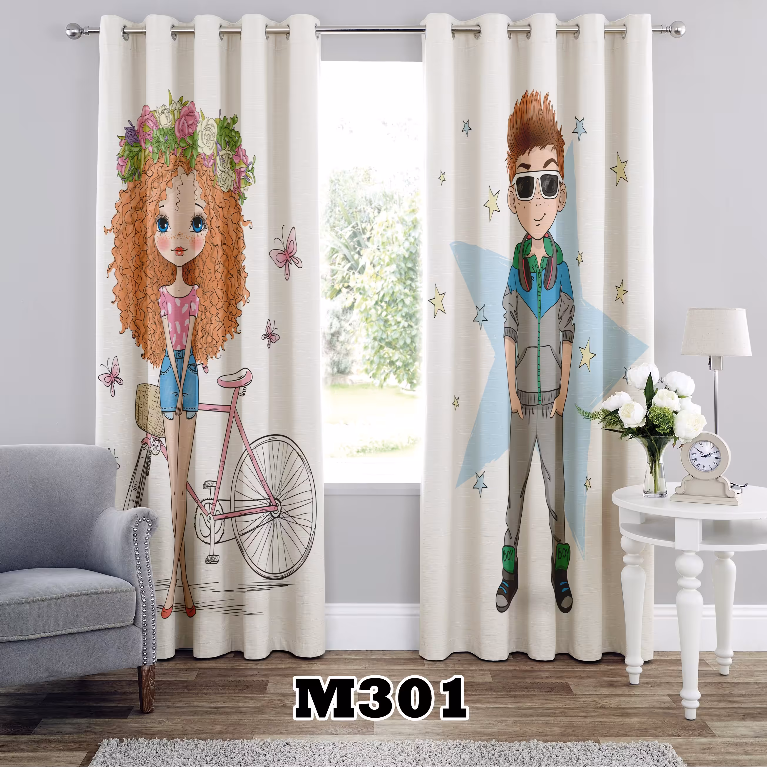 پرده چاپی طرح دختر پسر کد M301 تک قواره ارتفاع 300 عرض 140 سانت