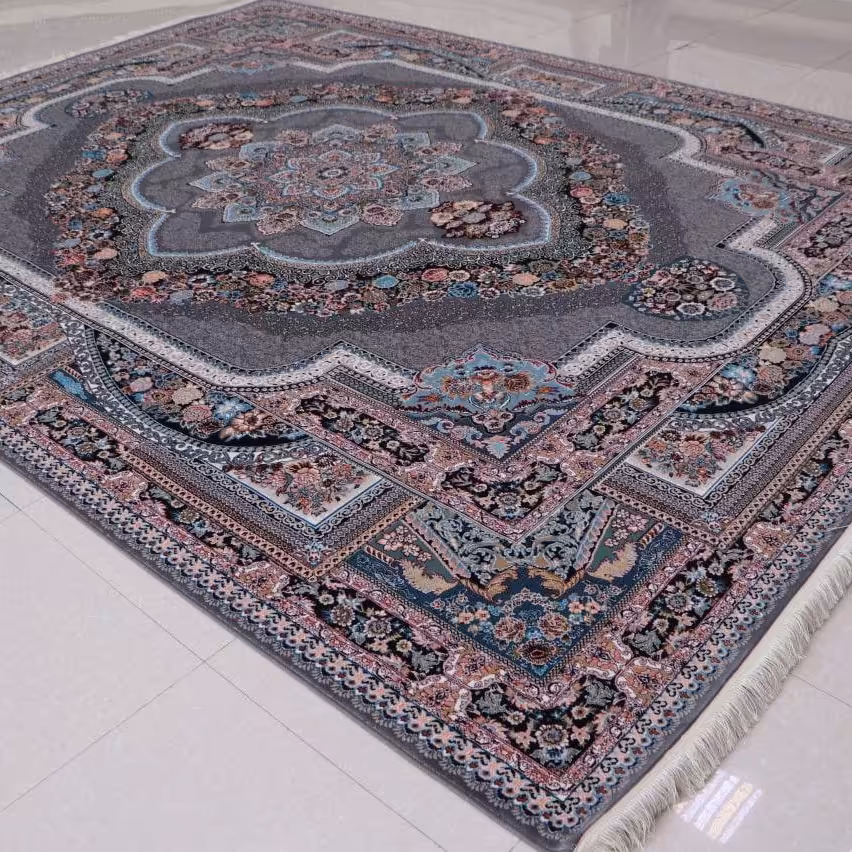 فرش  اکرلیک  12 متری 700 شانه طرح باغ معلق رنگ دودی کد N118