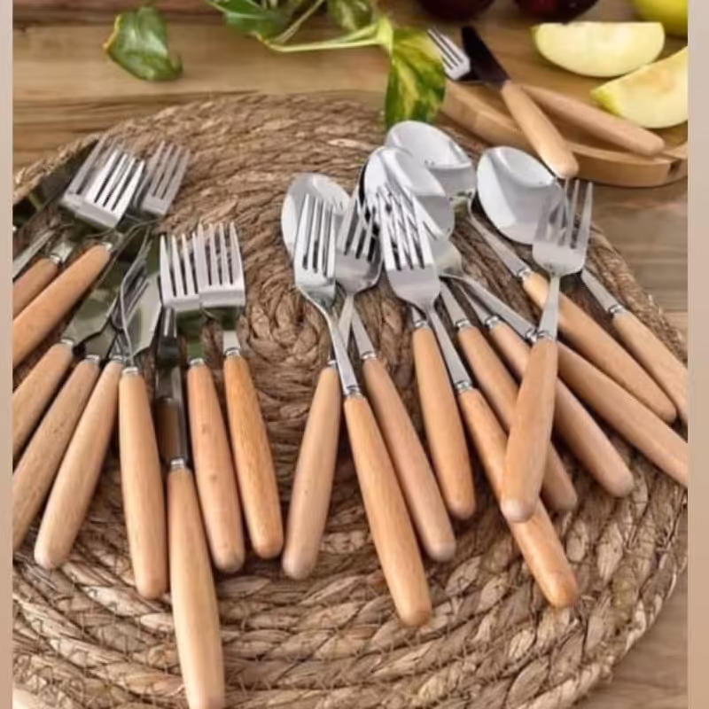 قاشق و چنگال استیل دسته  بامبو هر دست 6 تایی 