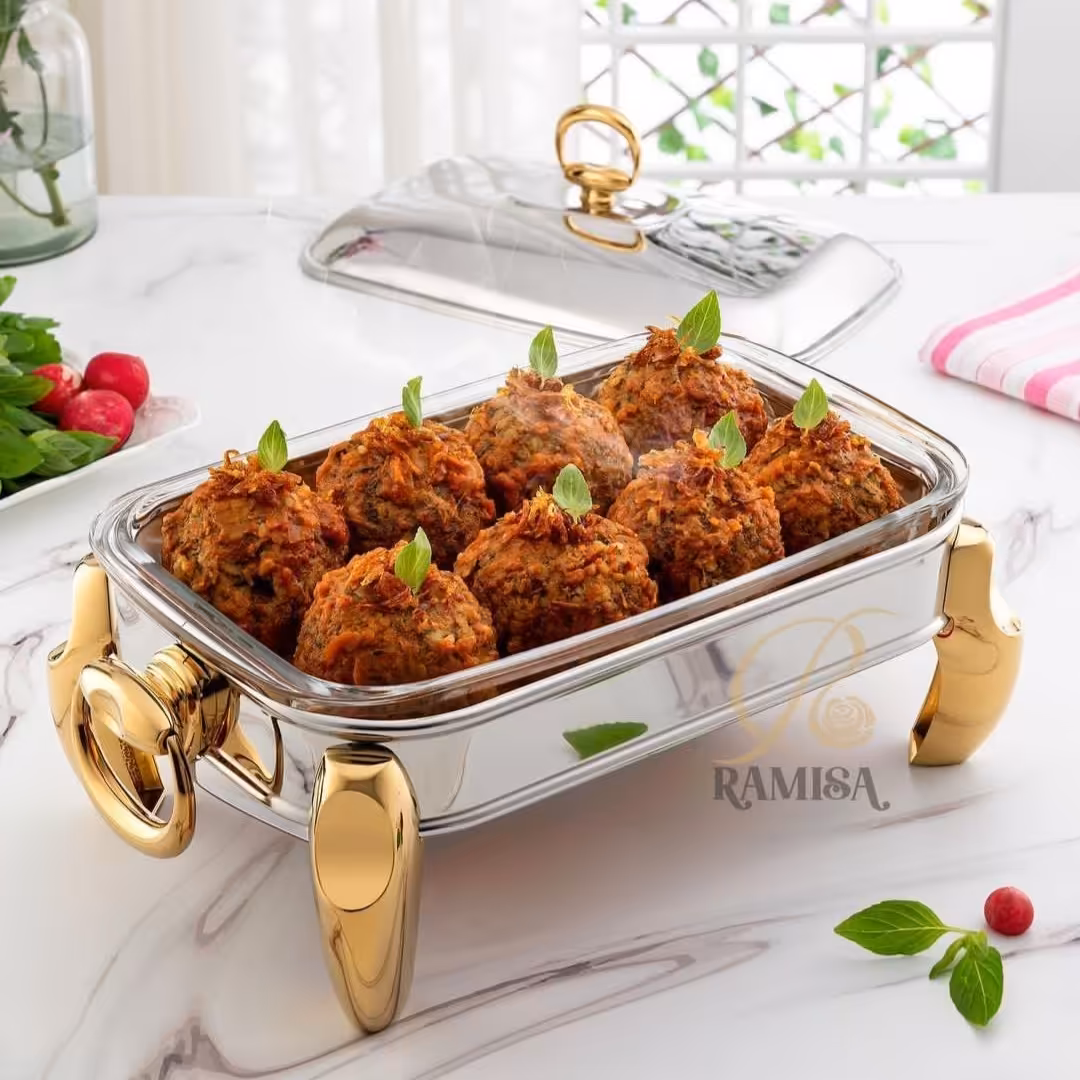 سوفله مستطیل استیل سایز کوچک دورنگ نقره ای طلایی رامیسا دسته پافیلی