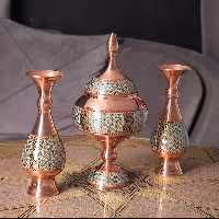 ست خاتم گلدان 20 و شکلات خوری 25 مس و خاتم گز خوری یا قندان پایه دار ست سه تکه مس و خاتم صنایع دستی 