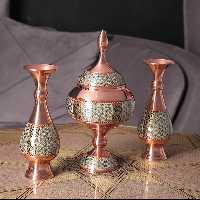 ست خاتم گلدان 20 و شکلات خوری 25 مس و خاتم گز خوری یا قندان پایه دار ست سه تکه مس و خاتم صنایع دستی 