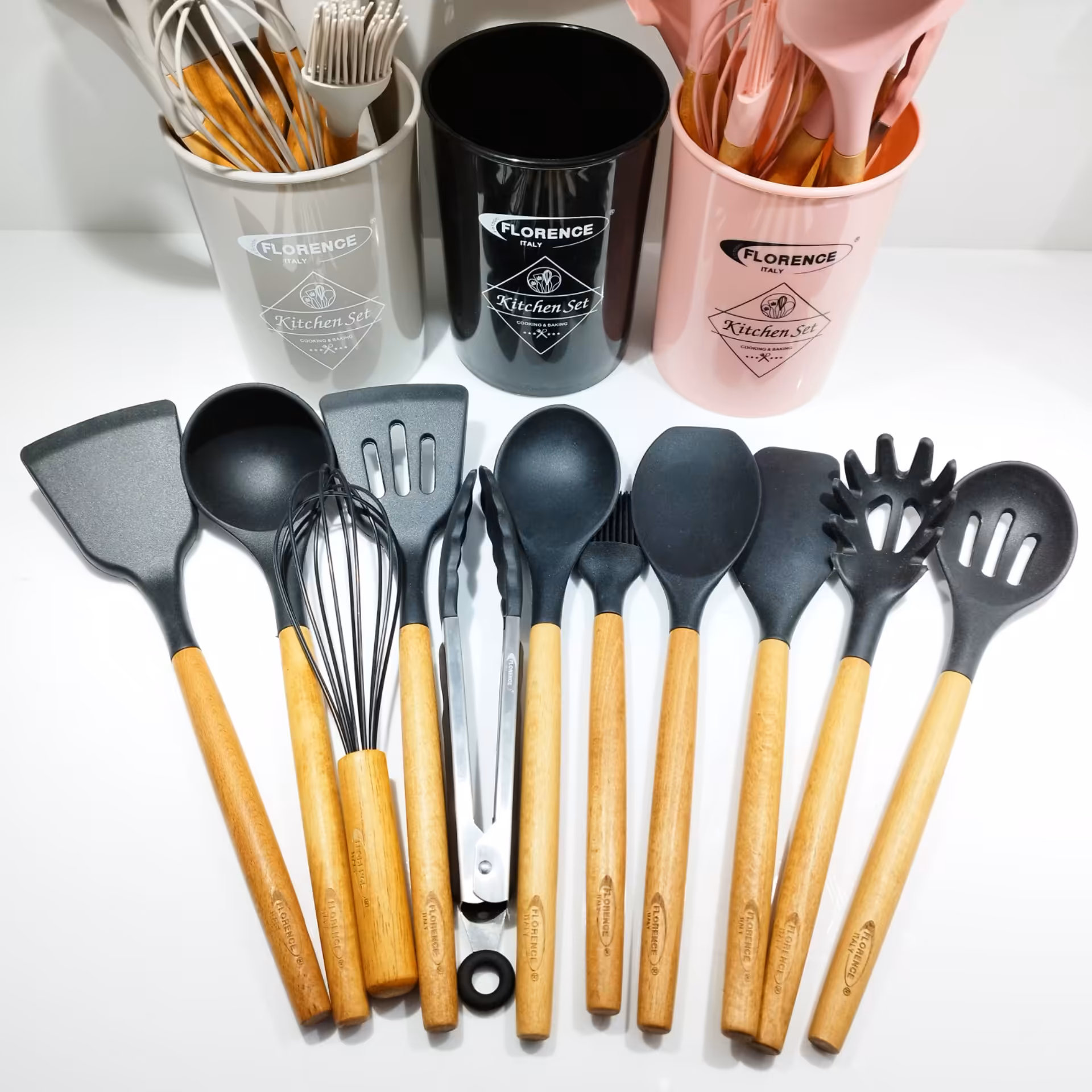 کفگیر ملاقه سیلیکونی مارک فلورانس کیفیت عالی سه رنگ مشکی-طوسی-طلایی ارسال رایگان