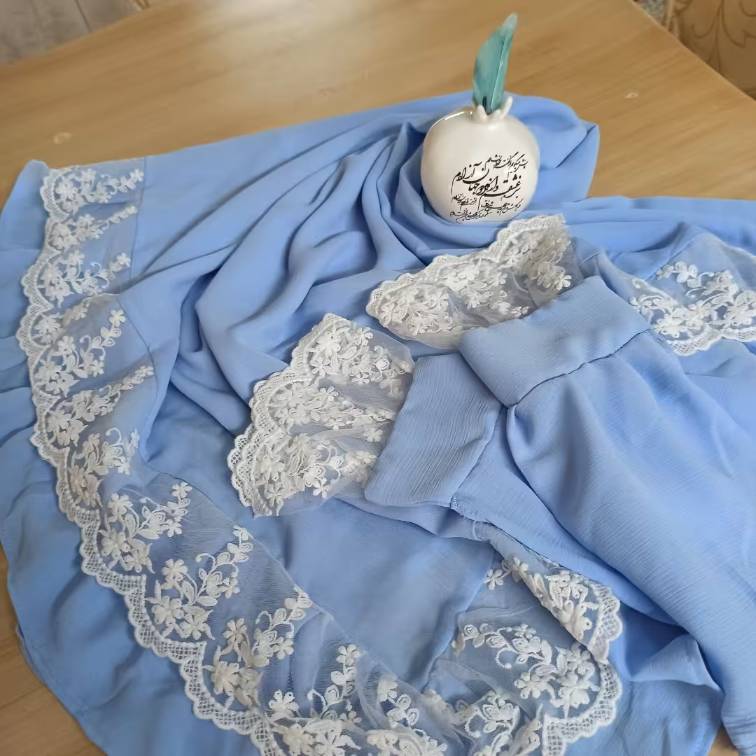 ست روسری و ساق دست کرپ حریر کریشه آبی آسمانی عرض 120