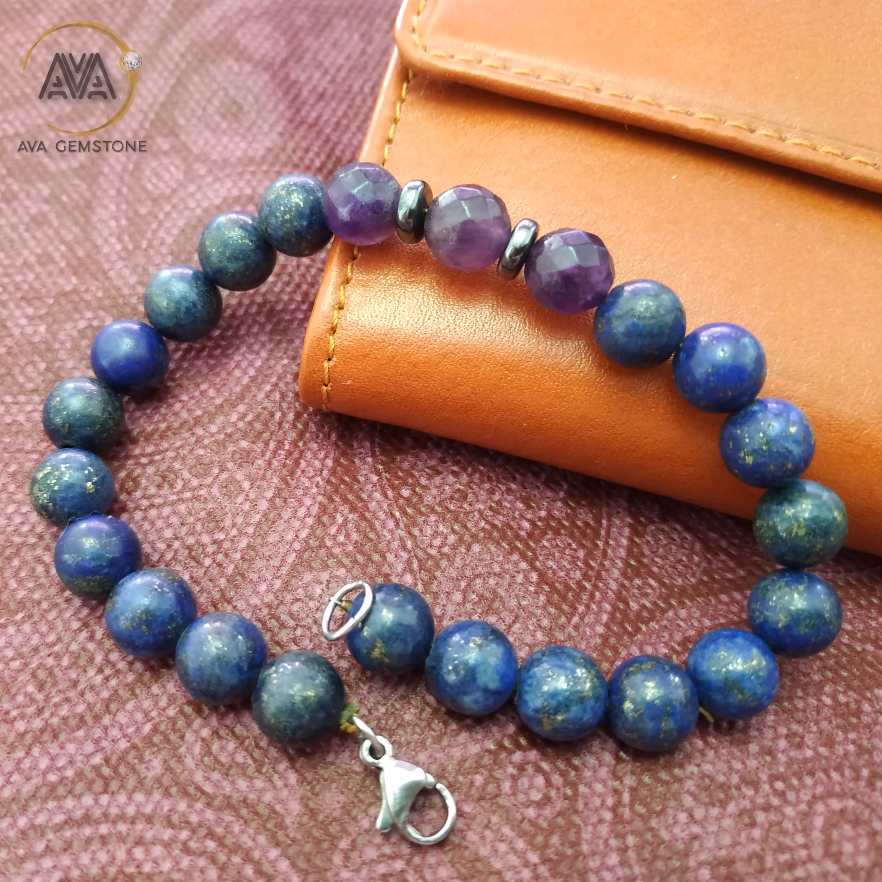 دستبند سنگ لاجورد معدنی اصل و آماتیست اصل تراش استار با قفل و بست استیل 