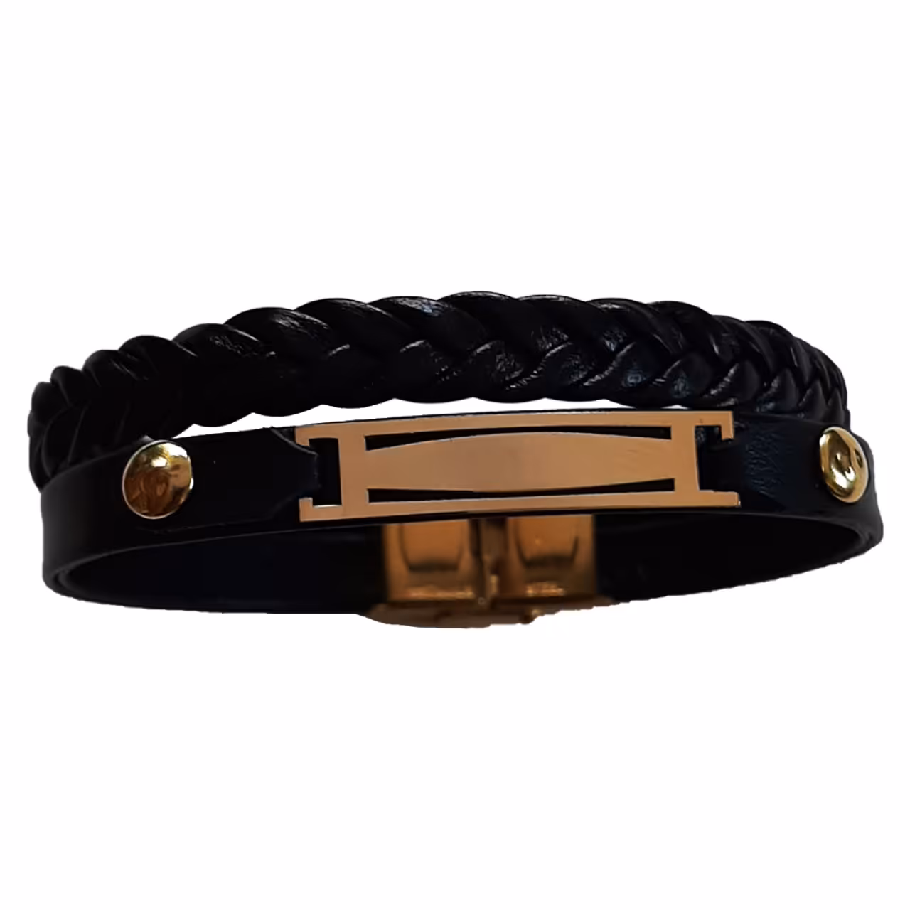 دستبند چرمی بغل گیس بافت با پلاک طلا مستطیل