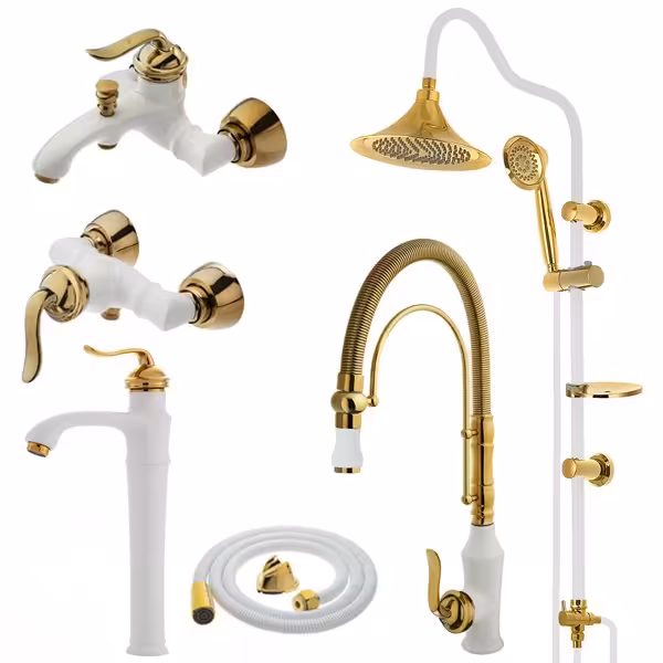 ست شیرآلات مدل هلن سفید طلایی پایه بلند با ظرفشویی فنری و با دوش حمام و شلنگ 