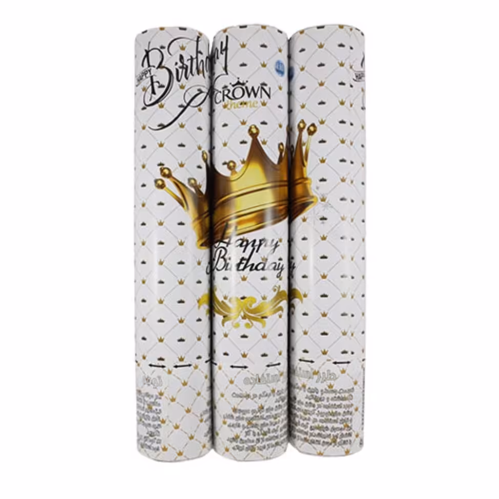 استوانه شادی تم تولد تاج سفید(بمب شادی یا کاغذافشان