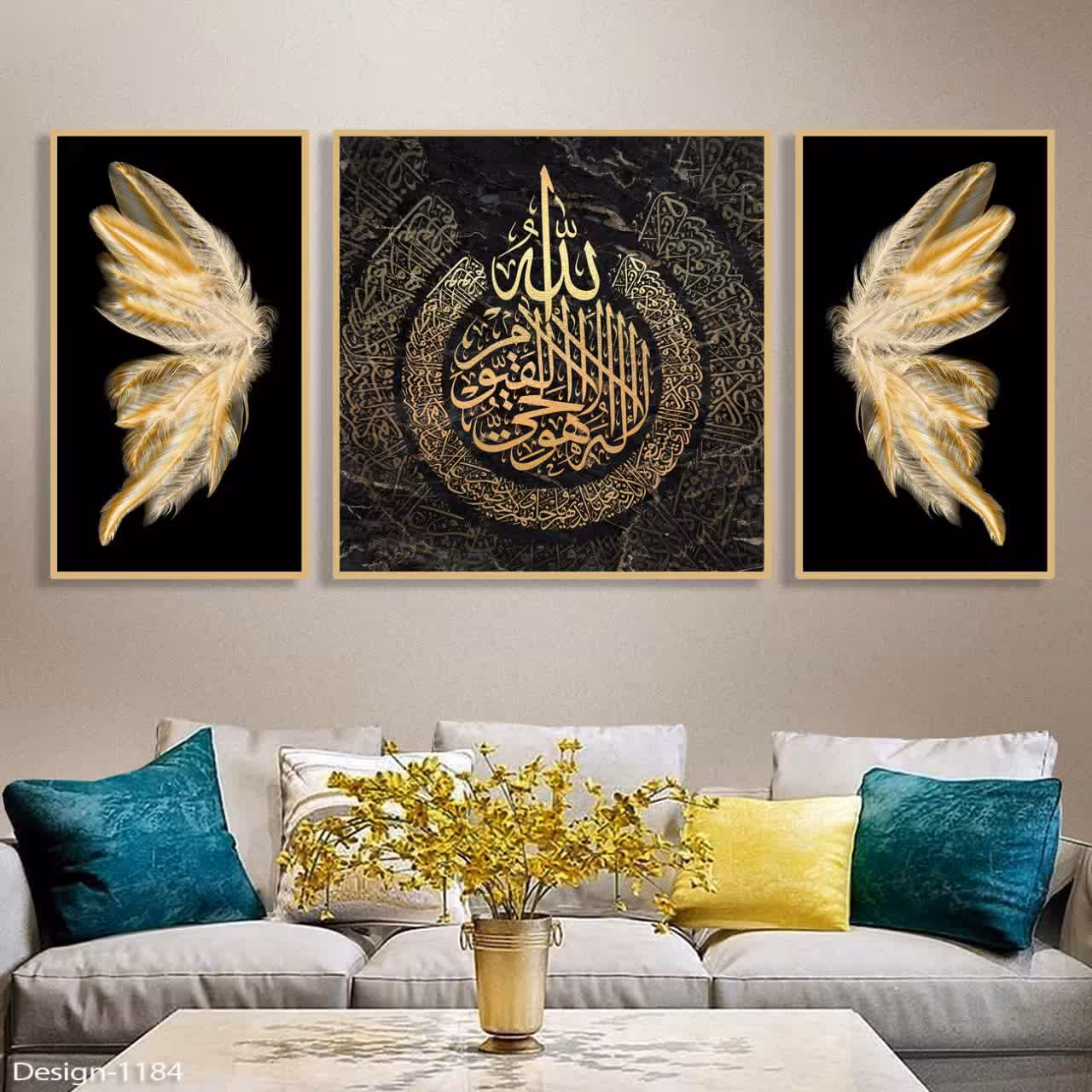 تابلو دکوراتیو مجموعه آیت الکرسی با بال های پر 3تیکه سایز 60در60 و دو عدد 30در60