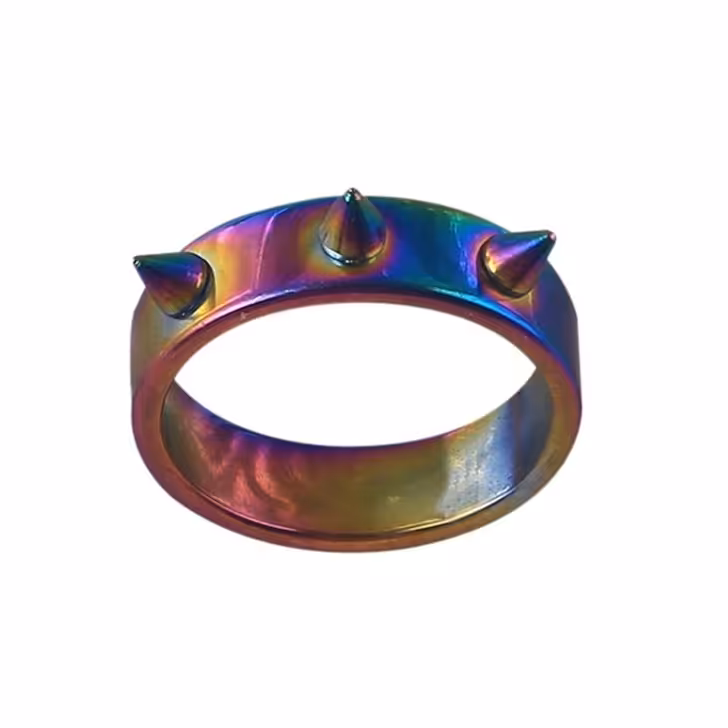 انگشتر استیل اسپایک دار مدل تیغ تیغی رنگ هولوگرامی یا هفت رنگ