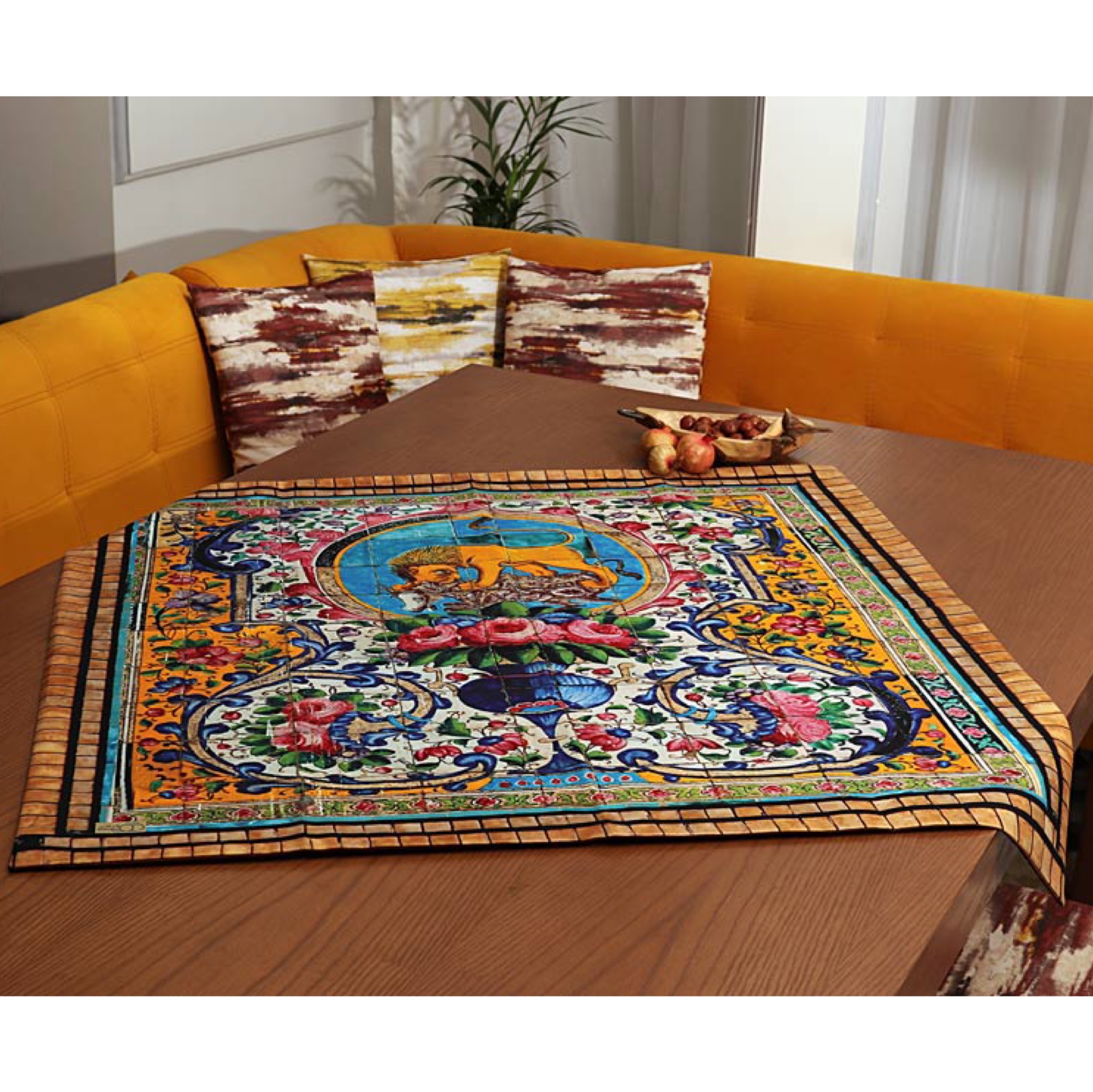 رومیزی مربع  سایز 100 طرح کاخ گلستان شیر دار