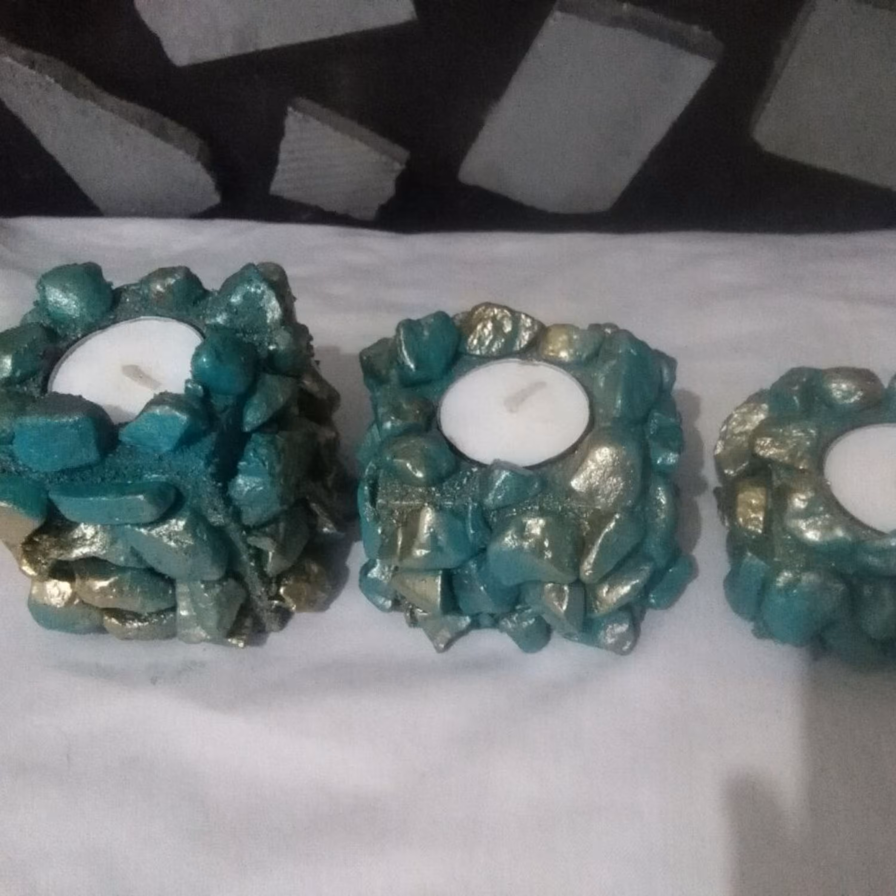 جاشمعی سه سایز چوبی (سنگ آنتیک آبی فیروزه ای طلایی)