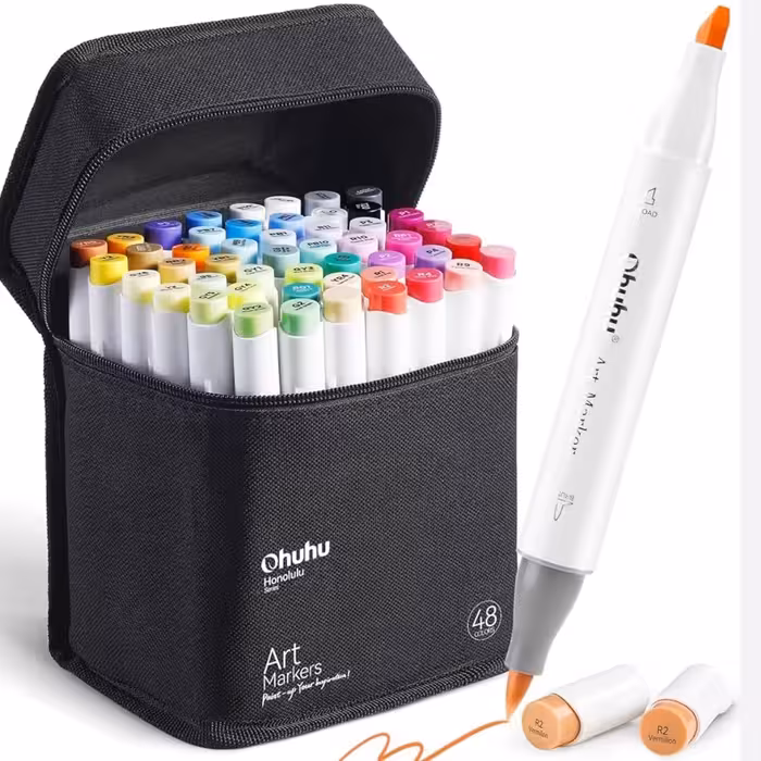 پک 48 تایی ماژیک اورجینال Ohuhu به همراه 1 عدد ماژیک بلندر طراحی و راندو