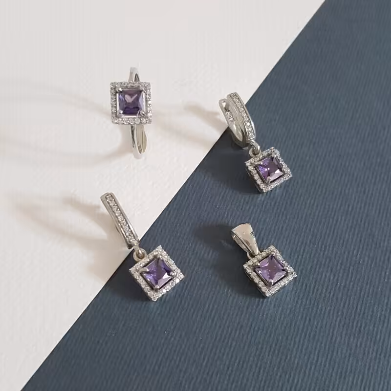 8-نیم ست نقره عیار 925 - باروکش اب رادیوم -با نگین زیرکن رنگی - کد 5 - W 7.6