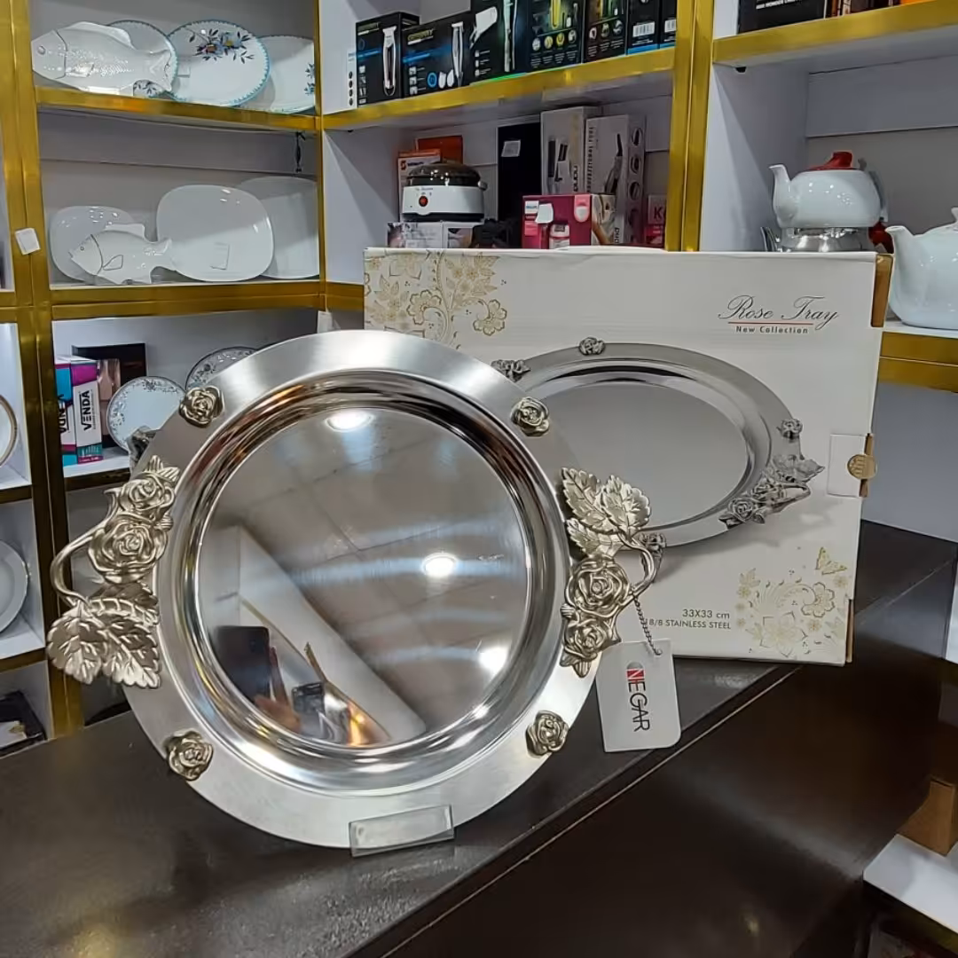 سینی گرد استیل نگار دسته رز ابعاد (39×39)