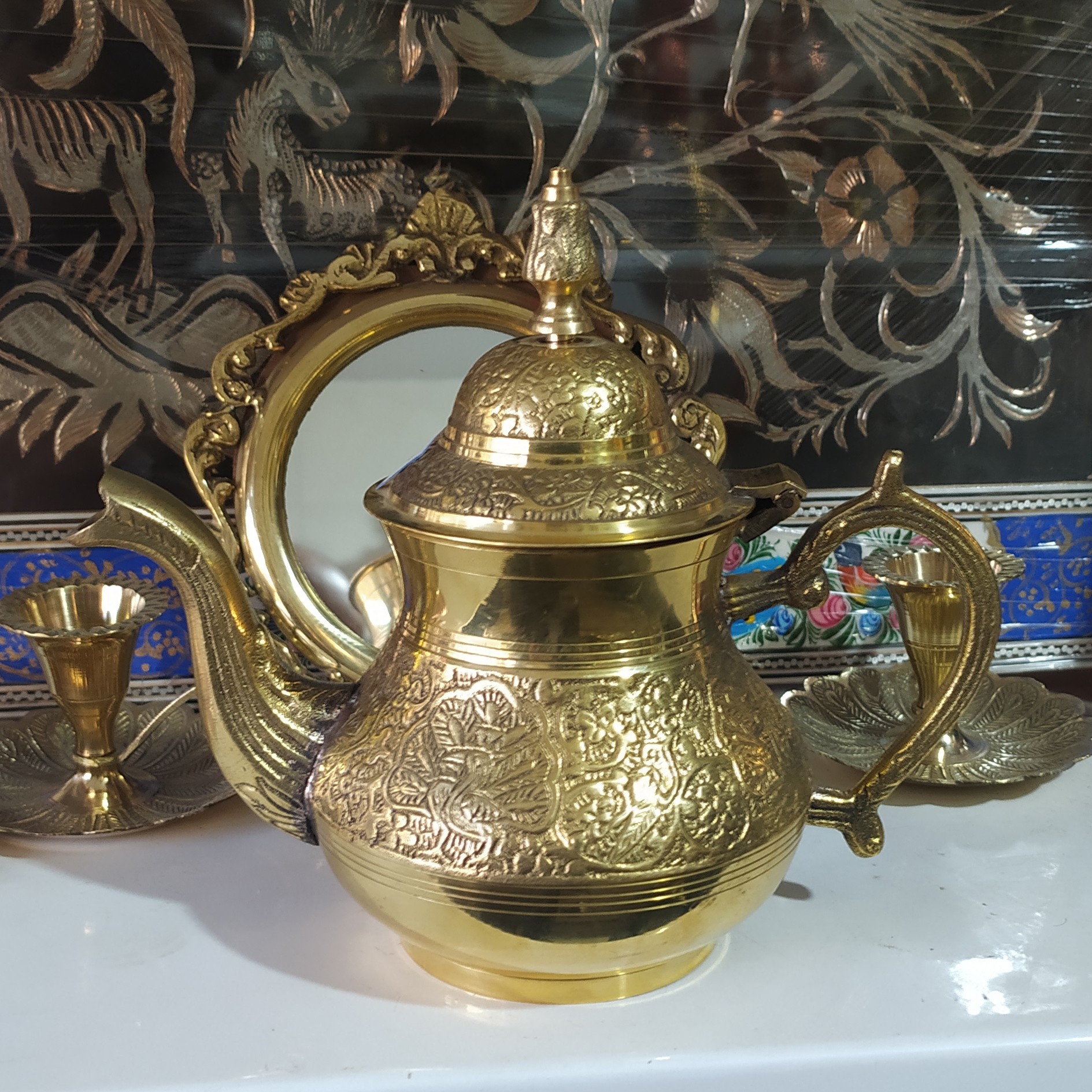 قوری  برنجی هندی طرح دار600سی سی