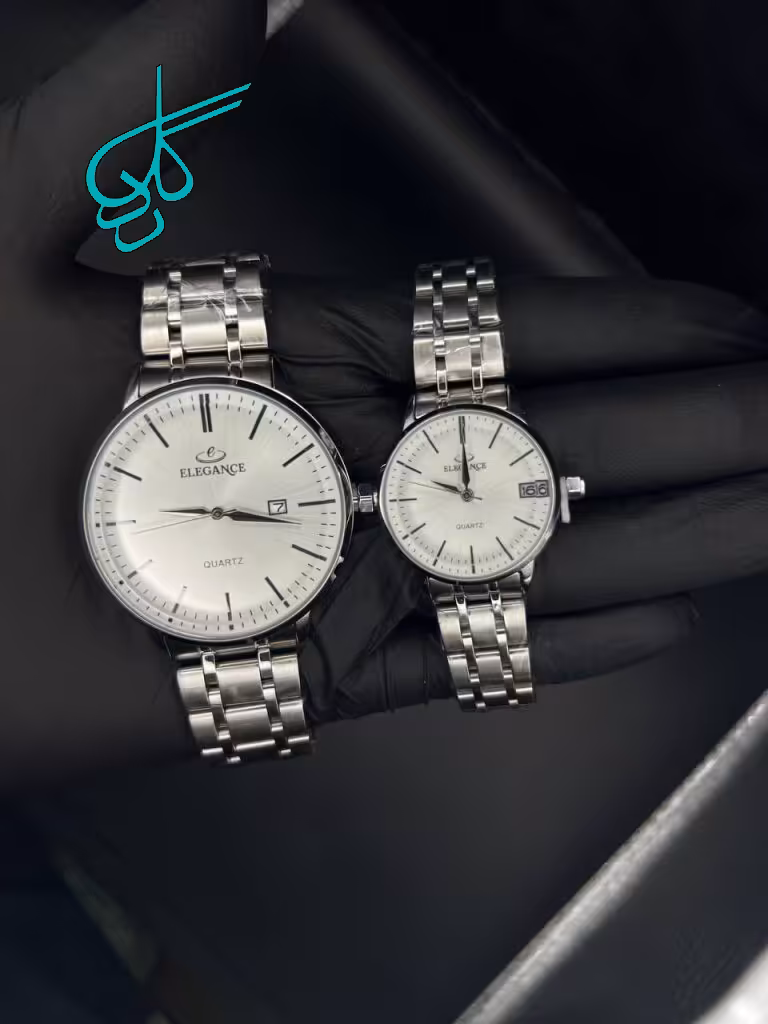 خرید ست ساعت زنانه و مردانه الگانس کلاسیک موتور ژاپن استیل رنگ ثابت دارای قفل پروانه ای کیفیت عالی دارای رنگبندی کد 2116905 - ردگل