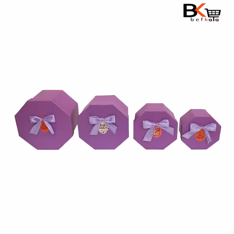 باکس کادویی 4 تکه هشت ضلعی پاپیون دار بنفش کد 22