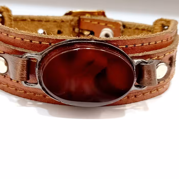 دستبندچرمی پلاک سنگ عقیق