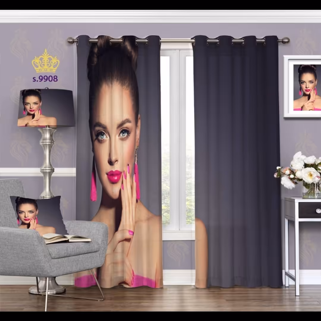 پرده اتاق خواب دخترانه دو قواره طرح چهره کد S9908