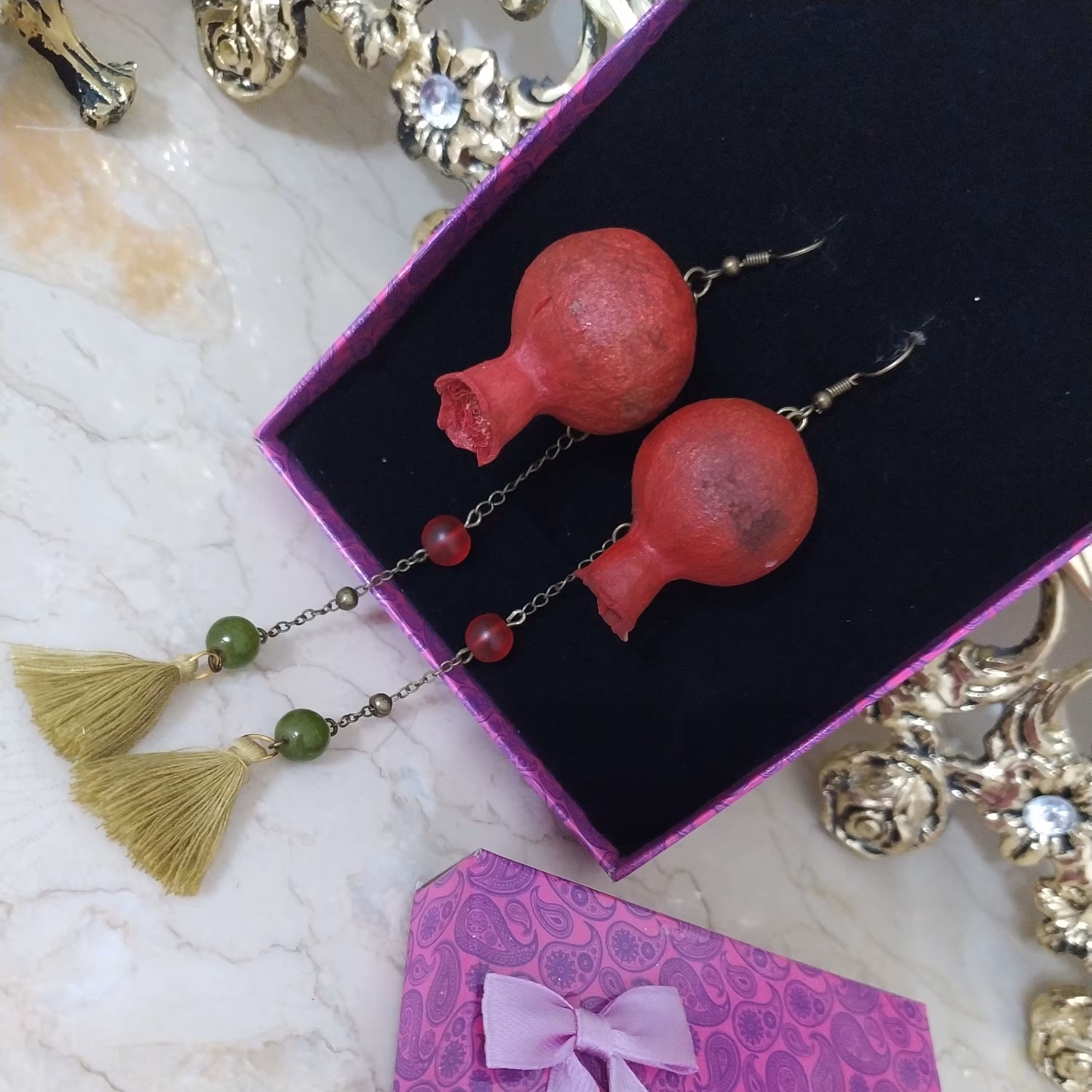 نیم ست (گردنبند و گوشواره) انار طبیعی مناسب یلدا و پاییز