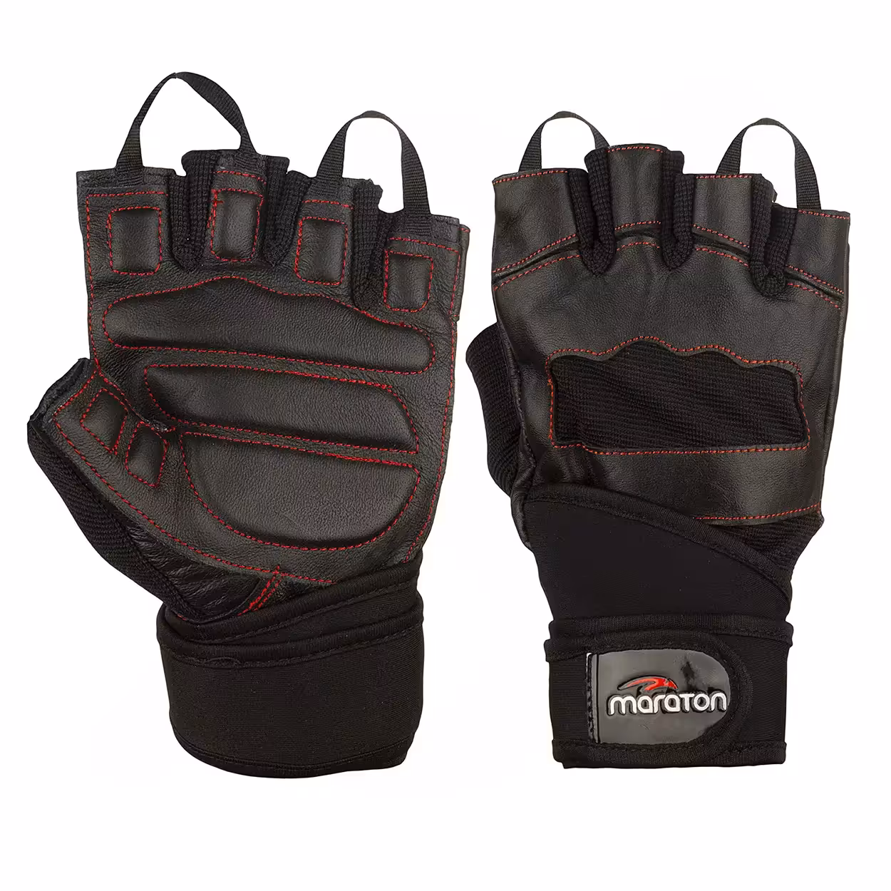 دستکش بدنسازی نیمه انگشتی مچ بند دار طرح ماراتون  BRS | مشکی/قرمز