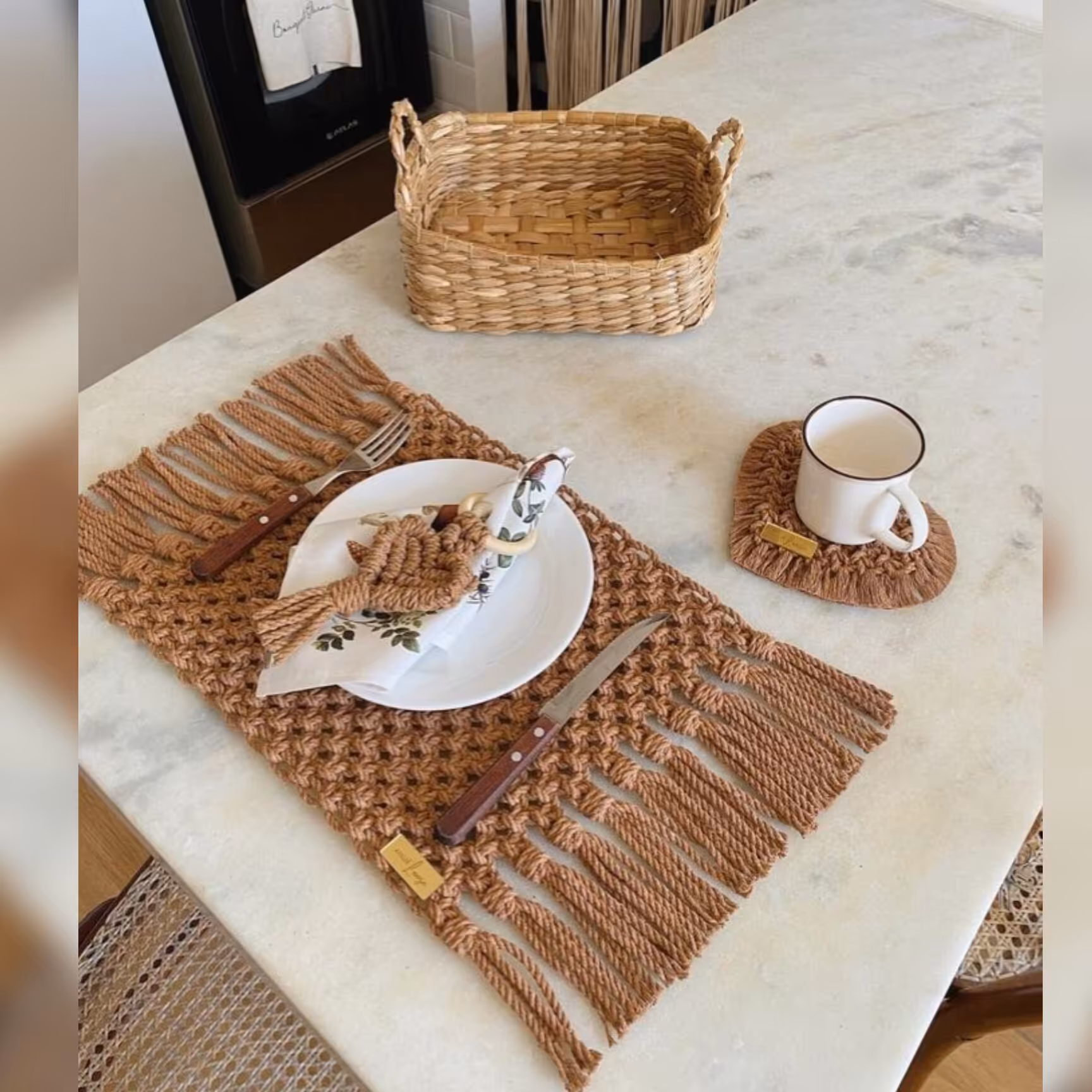 ست 4 تکه زیر بشقابی مکرومه مستطیل مناسب پذیرایی کردن 