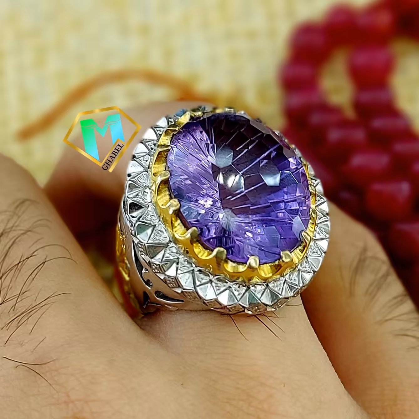 انگشتر مردانه آماتیست اصلی تراش فوتبالی نقره 925 دست ساز مزین به الماس و آبکاری