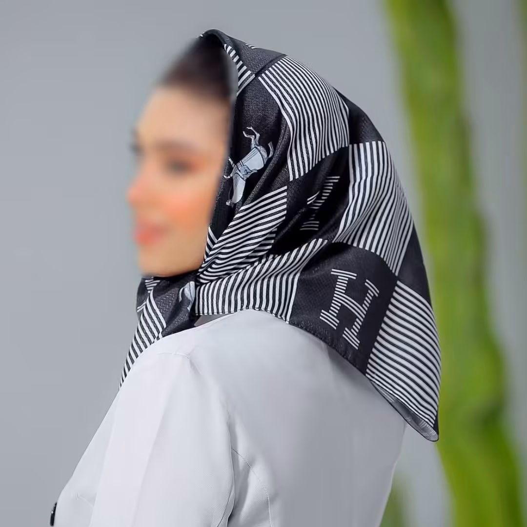 باندانا یا مینی اسکارف نخی طرح هرمس راه راع مشکی ارسال رایگان 