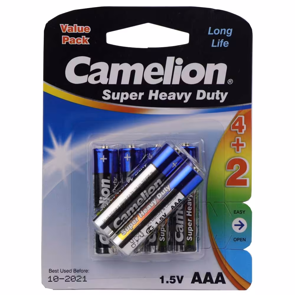 باتری Super Heavy Duty نیم قلمی کملیون بسته 4 2 تایی اندازه AAACamelion Super Heavy Duty R03P AAA Battery Pack of 6