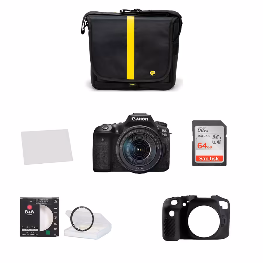 کیت دانشجویی دوربین کانن 90D EF_S 18-135mm IS USM ، کیف ویست VDS30 ، کارت حافظه سن دیسک SD 64G 140mb/s ، فیلتر B W UV 67mm ، کاور سیلیکونی کانن 90D و محافظ صفحه نمایش
