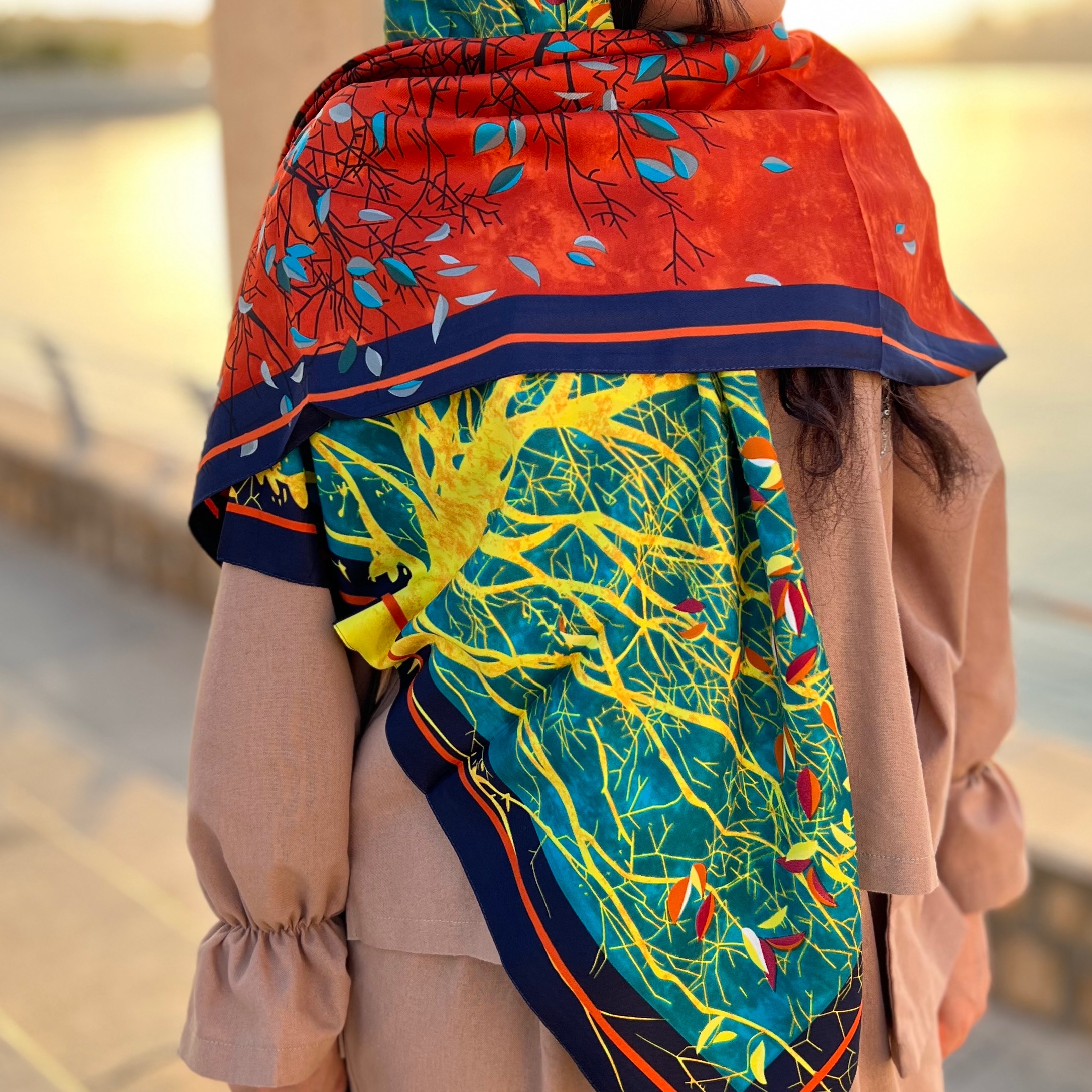 روسری نارنجی سبز ابریشم کجراه جدید