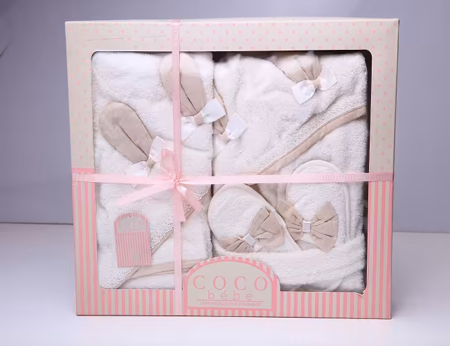 سرویس حوله نوزادی 4 تکه کو ب ب اصل ترکیه ضد حساسیت و 100% پنبه طرح خرگوش سفید کرم با جعبه اورجینال   cocobebe  TURKEY