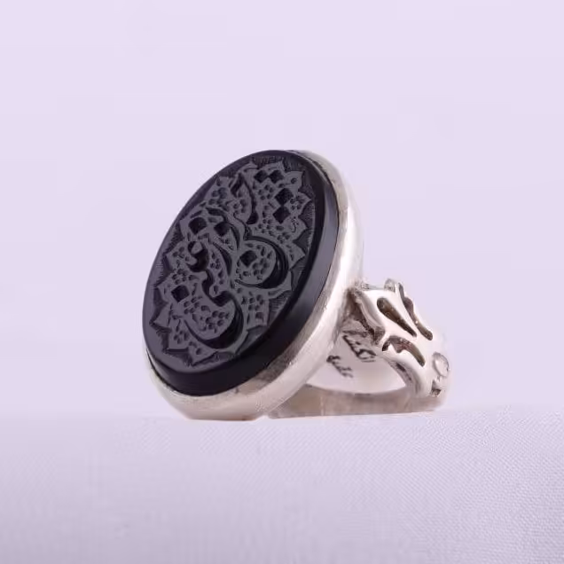 انگشتر مردانه دستساز خطی عقیق سیاه رکاب نقره (کد 1/030)