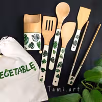 سرویس کفگیر انبر و استند  چوبی با طرح برگ انجیری