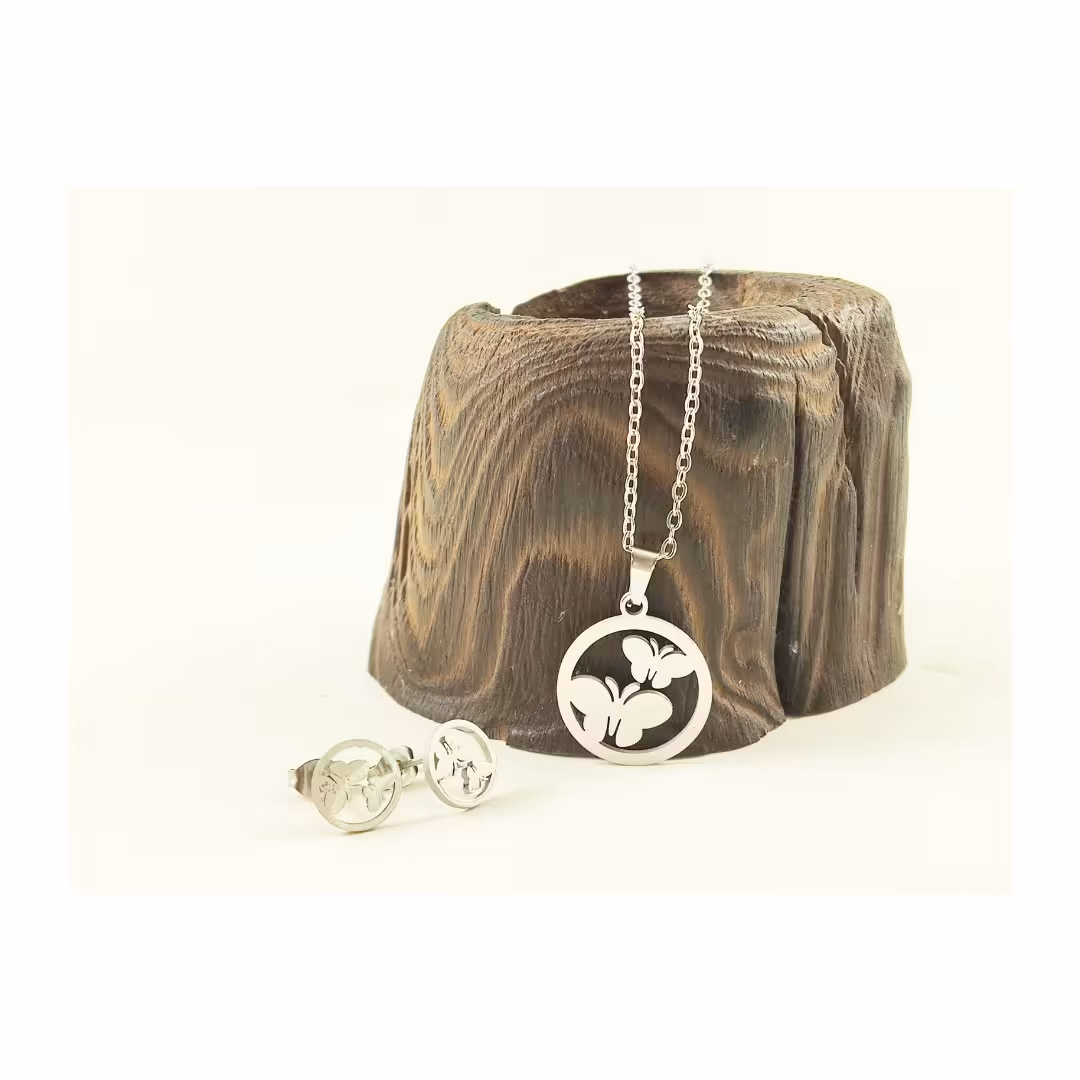 نیم ست استیل نقره ای طرح پروانه  کوچک دو تایی