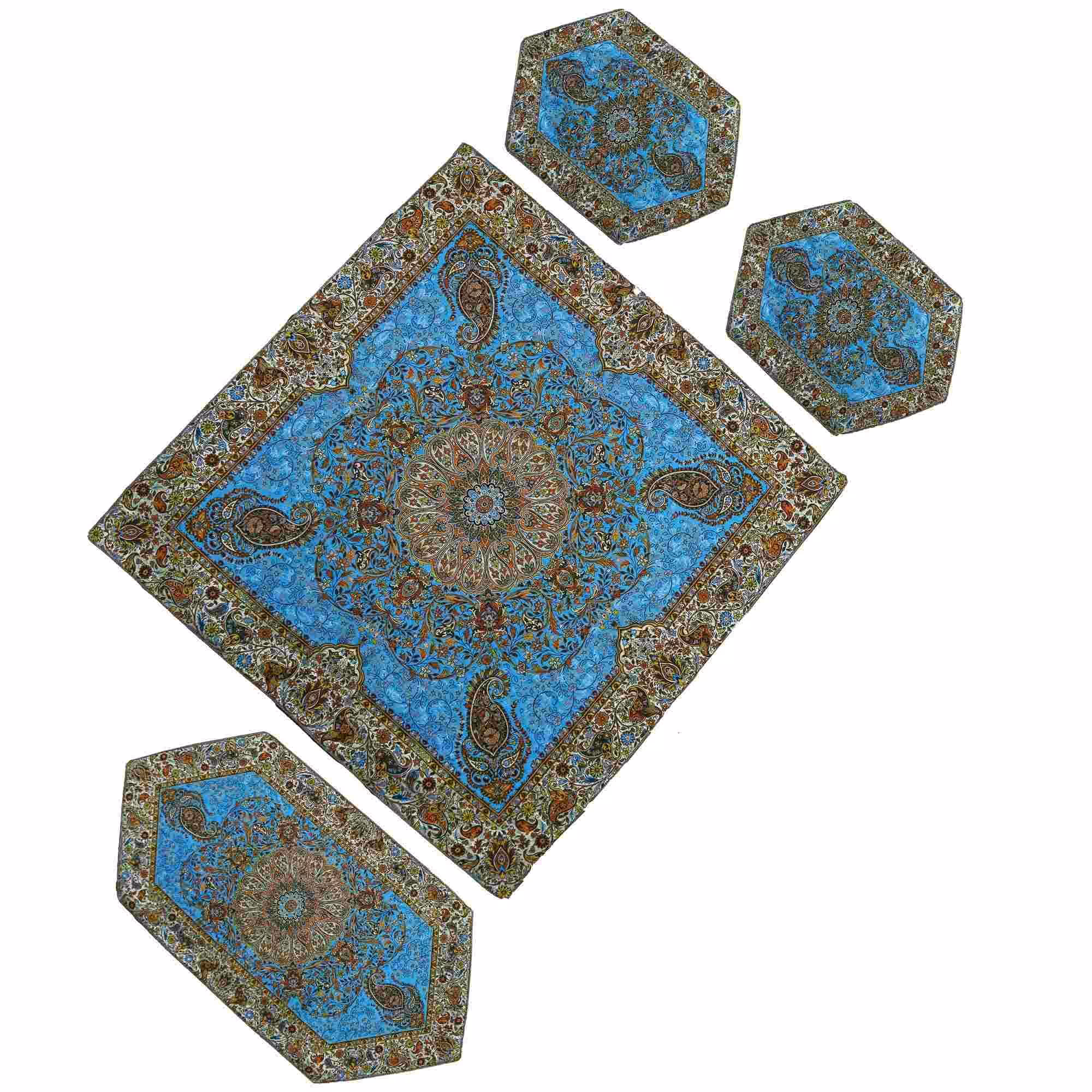 ست رومیزی ترمه چهار تکه طرح افشار(آبی فیروزه ای)