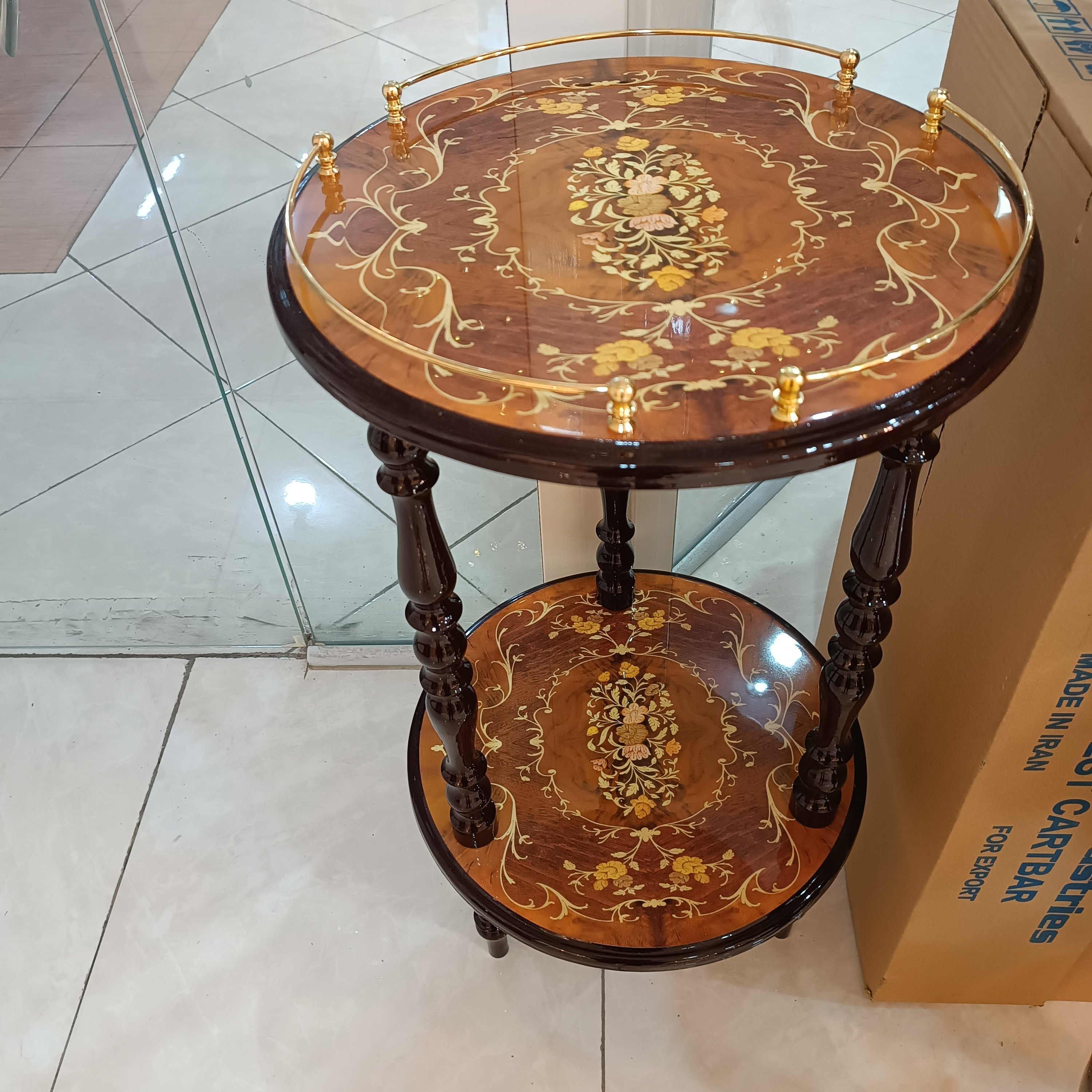 میز تلفن چوبی مدل آباژوری سه پایه دو طبقه پولیش خورده