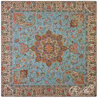 رومیزی ترمه سالاری یزد طرح بهارممتاز ابریشمی ـ مربع یک متر ـ فیروزه ای تارسفید